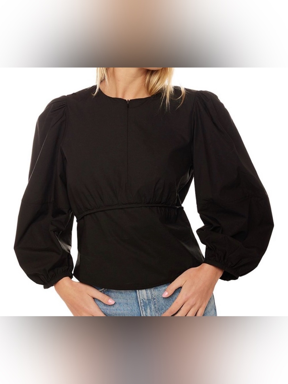CAES Black Puff Sleeve Peplum Blouse Size Small